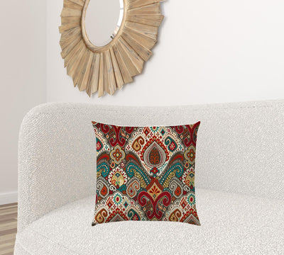 20" X 20" Teal Red And Gray Zippered Polyester Paisley Throw Pillow Cover