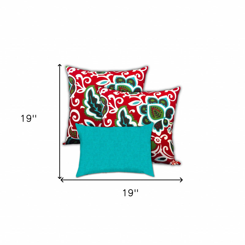 Set Of Three 19" X 19" Turquoise And Green Zippered Floral Throw Indoor Outdoor Pillow Cover