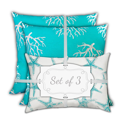 Set Of Three 19" X 19" Ocean Blue And White Zippered Nautical Throw Indoor Outdoor Pillow Cover