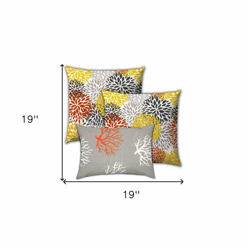 Set Of Three 19" X 19" Gray And White Zippered Floral Throw Indoor Outdoor Pillow Cover