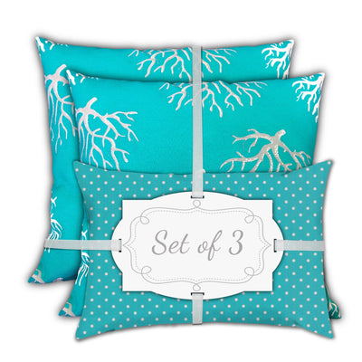 Set Of Three 19" X 19" Ocean Blue And White Zippered Coastal Throw Indoor Outdoor Pillow Cover