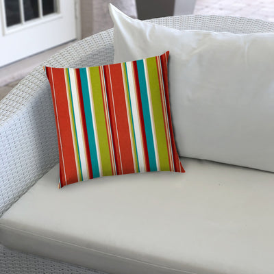 20" X 20" Red Green And White Zippered Polyester Striped Throw Pillow Cover
