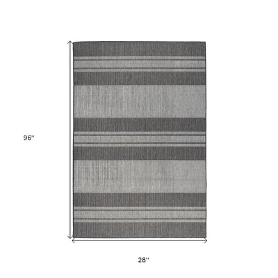 8' Runner Blue and Gray Striped Stain Resistant Indoor Outdoor Runner Rug