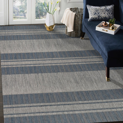 5' x 8' Blue and Gray Striped Stain Resistant Indoor Outdoor Area Rug