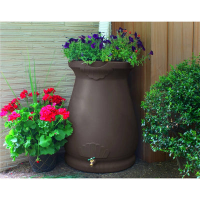 Brown Oak 65 Gallon Plastic Urn Rain Barrel with Planter Top