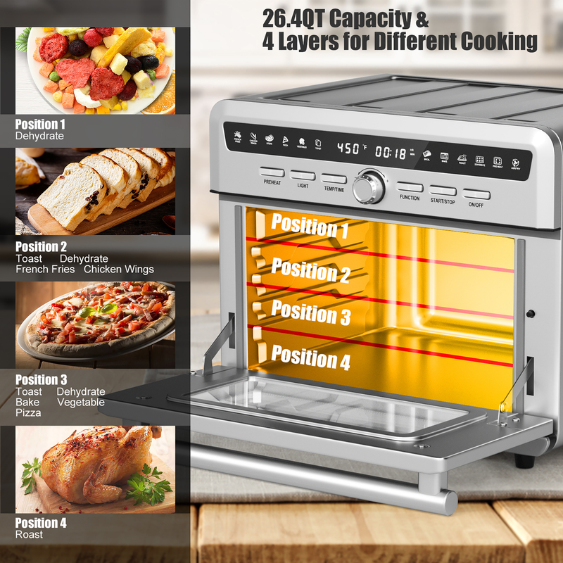 Costway 26.4 QT 10-In-1 Air Fryer Toaster Oven Dehydrate Bake 1800W W/ Recipe