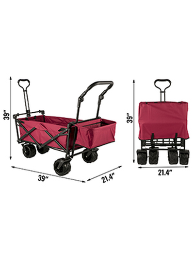 VEVOR Collapsible Wagon Cart Red, Foldable Wagon Cart Removable Canopy 601D Oxford Cloth, Collapsible Wagon Oversized Wheels, Portable Folding Wagon Adjustable Handles, Beach, Garden, Sports