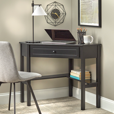 Corner Writing Desk with Pull-Out Drawer and Shelf, Black