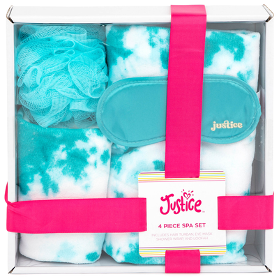 Justice Blue Tie Dye 4-Piece Spa Set with Bath Towel Wrap, Head Wrap, Eye Mask and Loofah