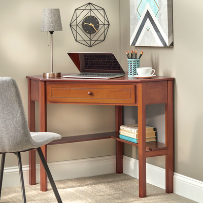 Corner Writing Desk with Pull-Out Drawer and Shelf, Brown