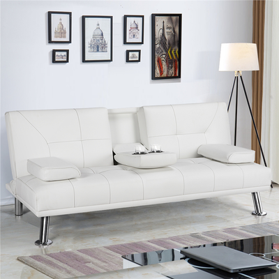 Luxurygoods Modern Faux Leather Reclining Futon with Cupholders and Pillows, White