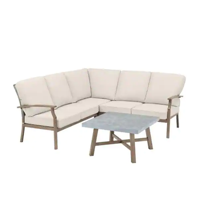 Rope Look Wicker Outdoor Patio Sectional Sofa Seating Set with CushionGuard Almond Tan Cushions