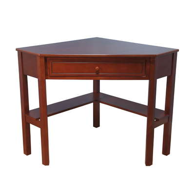 Corner Writing Desk with Pull-Out Drawer and Shelf, Brown