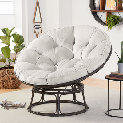 Better Homes & Gardens Papasan Chair with Velvet Fabric Cushion, Pumice Gray Color, Steel Frame and PE Wicker Material