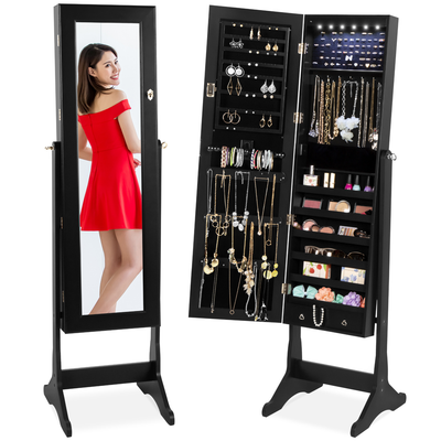 Best Choice Products 6-Tier Standing Mirror Lockable Storage Organizer Cabinet Armoire W/ LED Lights - Espresso