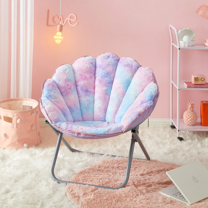 Justice Faux Fur Scallop Saucer Chair with Holographic Trim, Rainbow Tie Dye Pink