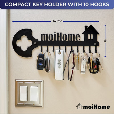 Multipurpose Key Organizer Wall Mount Rack - Decorative 9 Hook Iron Key Ring Holder for Wall - Ideal for Entryway, Front Door, Kitchen, Hallway - Includes Screws & Anchors – 5 x 14.75 Inches, Black