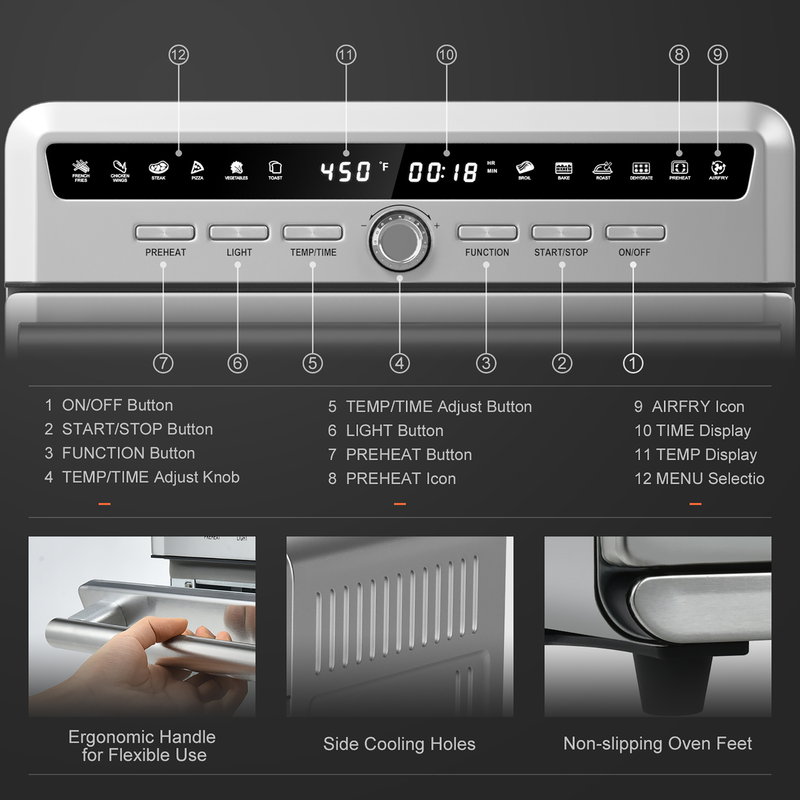 Costway 26.4 QT 10-In-1 Air Fryer Toaster Oven Dehydrate Bake 1800W W/ Recipe