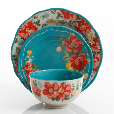 Vintage Floral 12-Piece Dinnerware Set, Teal