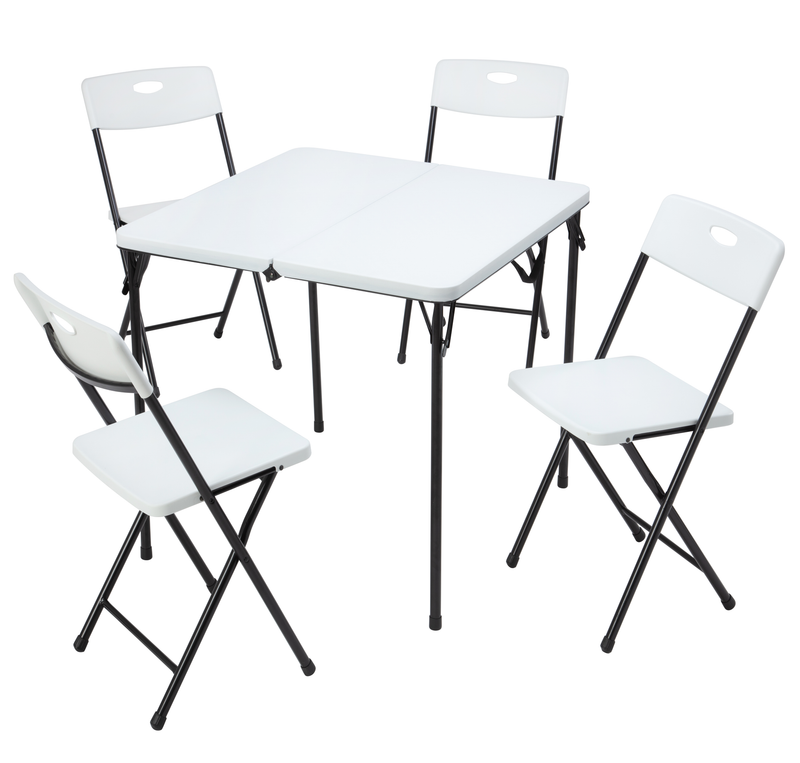 5 Piece Card Table 34In and Four Chairs Set in White, Plastic and Steel, Multi-Functional