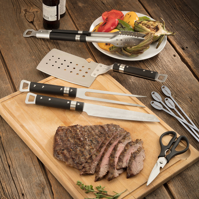 Cuisinart® Chefs Classic 10 Piece Stainless Steel Grill Set - Spatula, Tongs, Fork, Knife, Shears, and 4 Skewers.