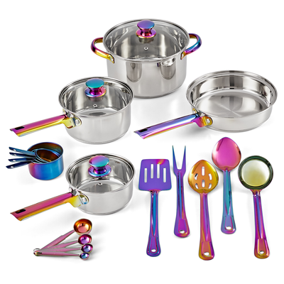 Iridescent Stainless Steel 20-Piece Cookware Set, with Kitchen Utensils and Tools