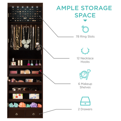 Best Choice Products 6-Tier Standing Mirror Lockable Storage Organizer Cabinet Armoire W/ LED Lights - Espresso