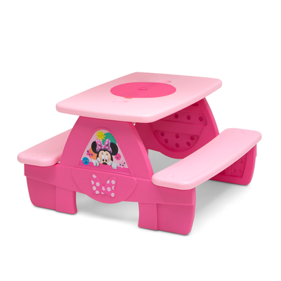 Disney Minnie Mouse 4 Seat Activity Picnic Table with Board for Building Blocks and Built-In Cupholders by Delta Children