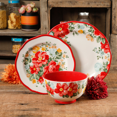 Vintage Floral 12-Piece Dinnerware Set, Red