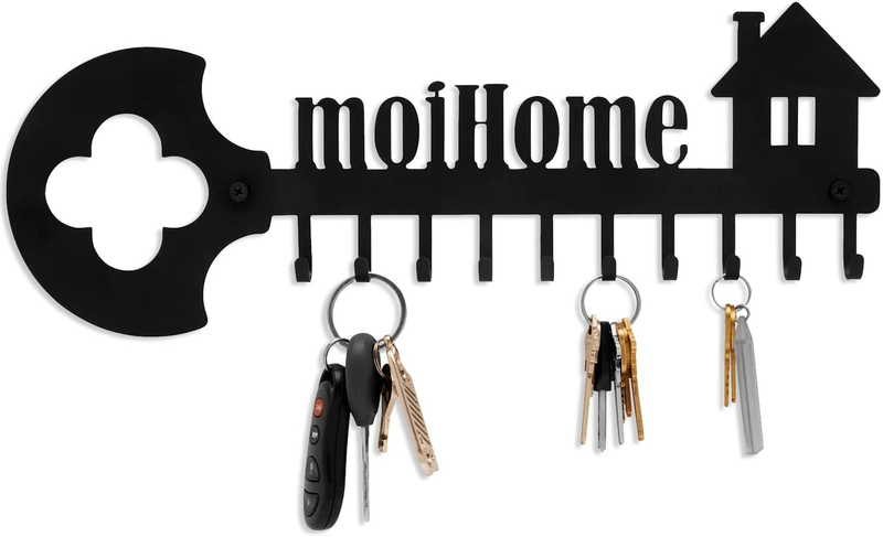 Multipurpose Key Organizer Wall Mount Rack - Decorative 9 Hook Iron Key Ring Holder for Wall - Ideal for Entryway, Front Door, Kitchen, Hallway - Includes Screws & Anchors – 5 x 14.75 Inches, Black