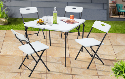 5 Piece Card Table 34In and Four Chairs Set in White, Plastic and Steel, Multi-Functional