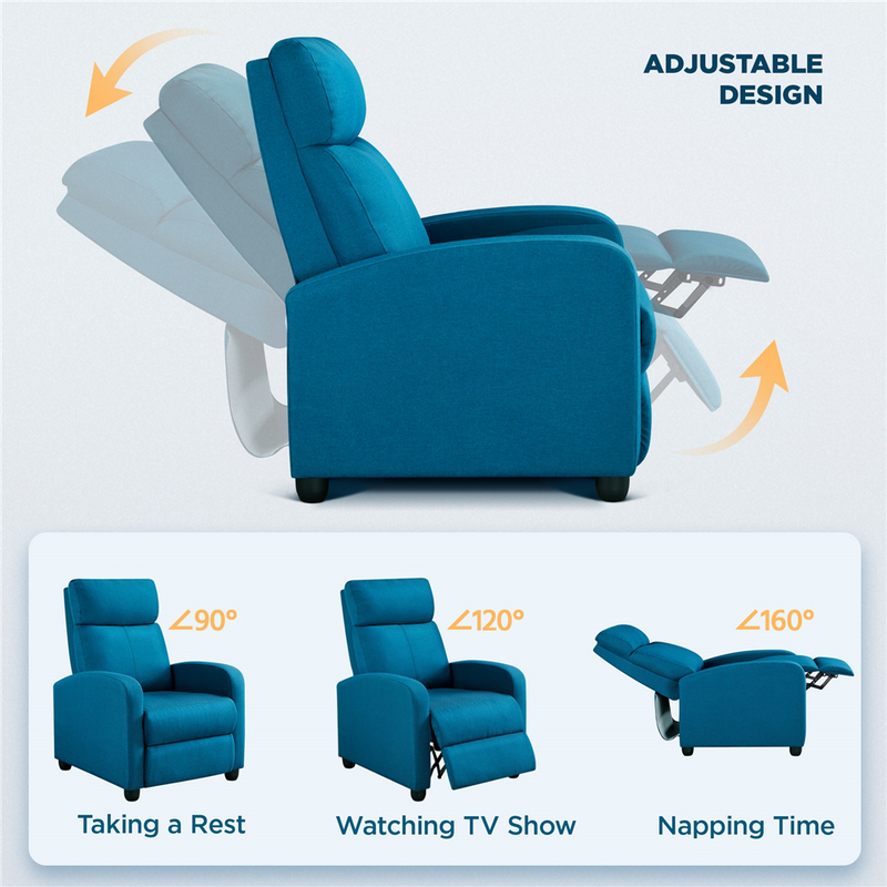 Easyfashion Fabric Push Back Theater Recliner, Blue