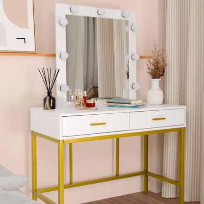 Single Mirror White Vanity Dressing Table with 2 Drawers (57 In. H X 39 In. W X 17.7 In. D)