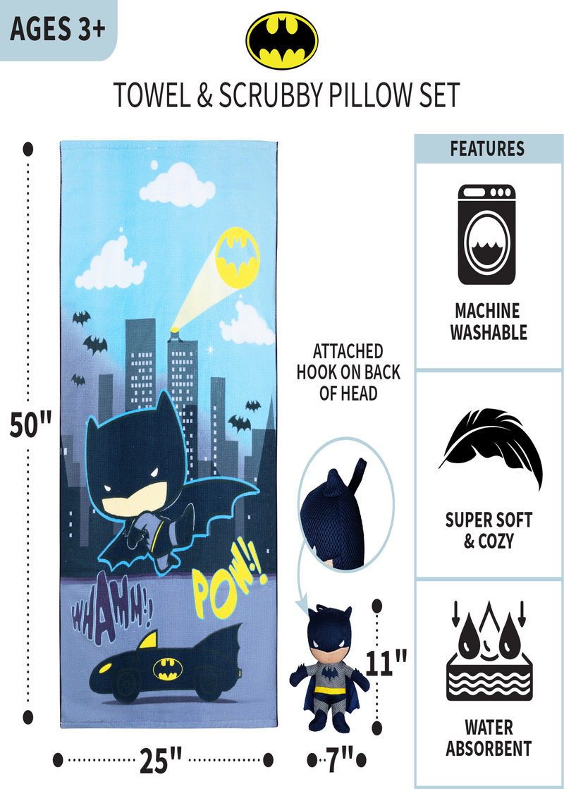 Batman Kids Microfiber Bath Towel and Mesh Character Scrubby Pal, 2-Piece Set