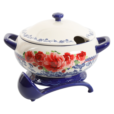 The Pioneer Woman Frontier Rose Cobalt 3.17-Quart Soup Tureen with Ladle