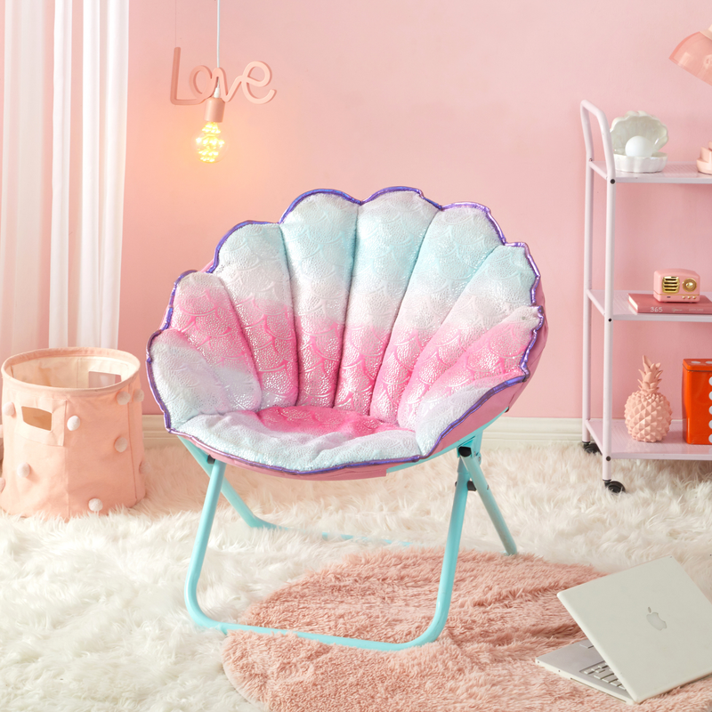 Justice Faux Fur Scallop Saucer Chair with Holographic Trim, Rainbow Tie Dye Pink